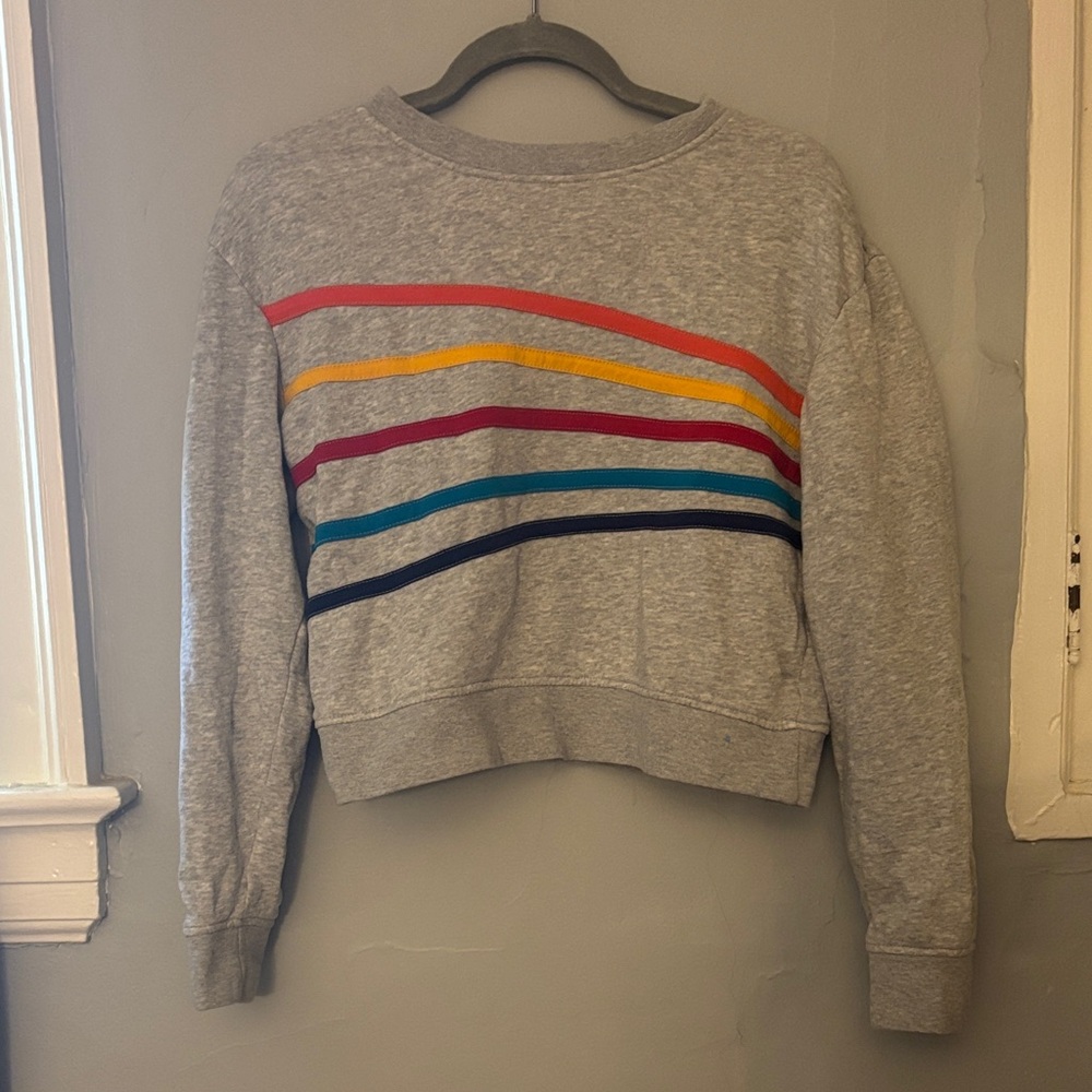 Gray Cropped Sweatshirt with Rainbow Stripes
